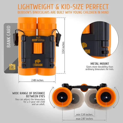 Miniatura 5 de BeBison - Binoculares para niños, óptica real de alta resolución de 8 x 21 pulgadas, binoculares compactos plegables a prueba de golpes, para Naranja