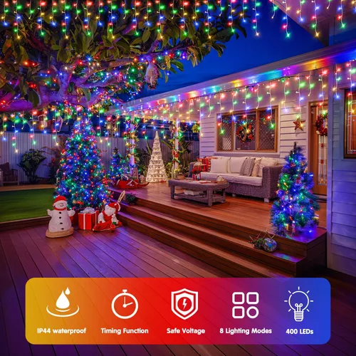 Miniatura 2 de JMEXSUSS 400 luces LED de Navidad de carámbano de 38.8 pies con control remoto, tira de luces multicolor para exteriores enchufables, 8 modos