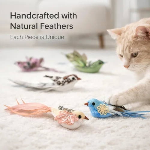 Miniatura 6 de 11 piezas de recargas realistas de juguetes de pájaros para gatos – Juguetes de plumas hechos a mano para gatos con campana, accesorios de varita