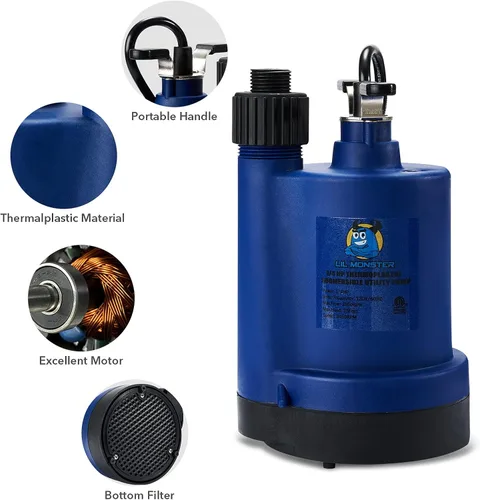 Miniatura 5 de Bomba de agua sumergible para uso general, termoplástica de 1/4 HP, eliminación de agua eléctrica portátil para sótanos, espacios de arrastre