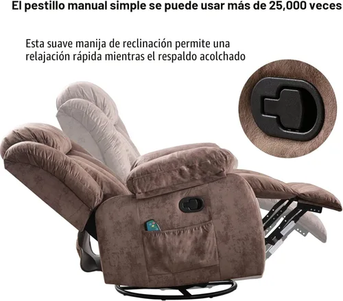 Miniatura 9 de CANMOV Sillón Mecedora Reclinable de Masaje con Calor y Vibración, Giratorio Manual de 360 Grados, Tela Antideslizante, Sofá Individual de Servicio