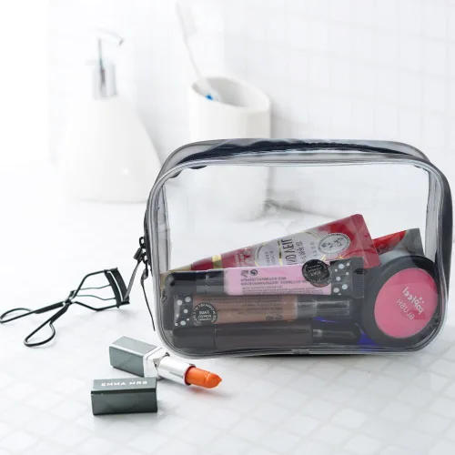 Miniatura 5 de Wobe Paquete de 5 bolsas de cosméticos transparentes aprobadas por la TSA, bolsa de transporte de artículos de tocador con cremallera de PVC, bolsa
