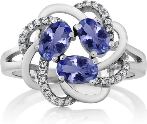Miniatura 100 de Gem Stone King Flower Blossom Gemstone Birthstone Ring in 925 Sterling Silver 3-Stone Oval 6X4MM with Sparkling Accents Wedding Anniversary