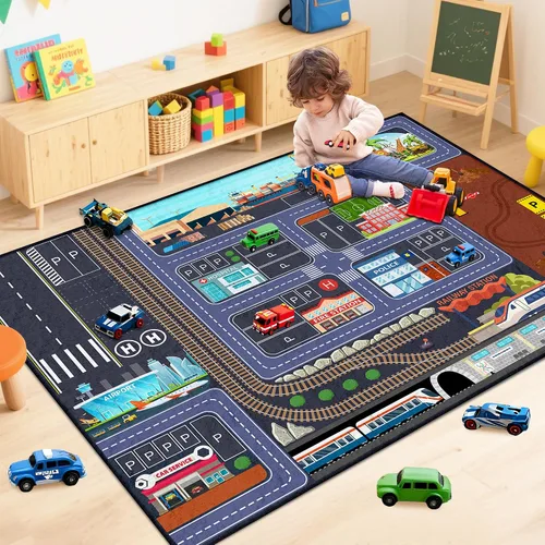 Car Road - Alfombra de juegos para niños, 5 x 7 pies, alfombra de coche para niños y niños, educativa de tráfico urbano, alfombra de juego lavable,