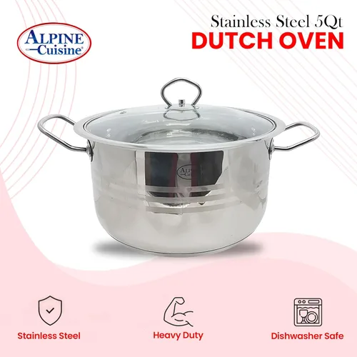 Miniatura 5 de Alpine Cuisine Horno holandés de acero inoxidable con tapa, 5 cuartos de galón y mango fácil de enfriar, acero inoxidable de grado alimenticio