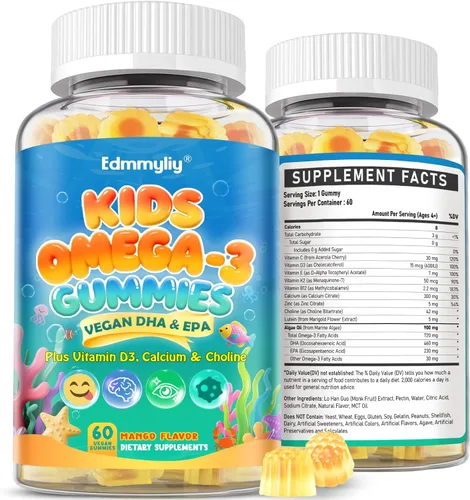 Gomitas Omega 3 para niños, algas Omega3 con colina, luteína, vitamina D3 B12, calcio, zinc para el desarrollo cerebral de los niños, ojos, energía