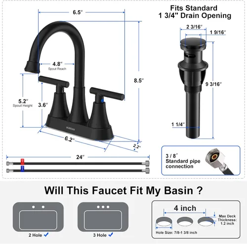 Miniatura 2 de Hurran - Grifos de baño para fregadero de 3 agujeros, juego central de 4 pulgadas y grifo de lavabo de baño negro mate con drenaje emergente, grifo