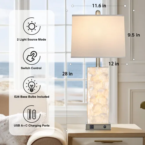 Miniatura 3 de Lámparas de mesa costeras de 28 pulgadas para sala de estar, lámparas de noche con luz nocturna, puertos USB A+C, moderna concha de mar
