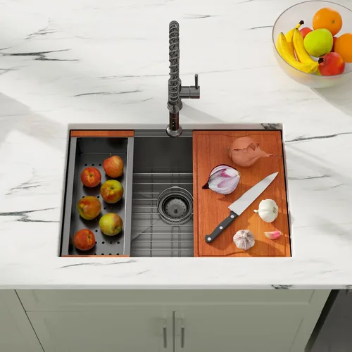 Miniatura 3 de Dcolora 27" Fregadero de cocina negro de gunmetal con estación de trabajo de acero inoxidable de calibre 16 para instalación empotrada - tazón Negro