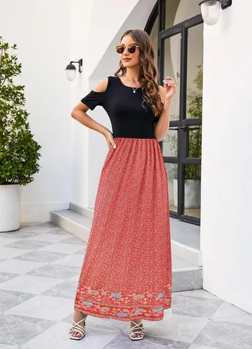 Miniatura 3 de Kancystore - Vestido largo de manga corta con hombros descubiertos y bolsillos para mujer