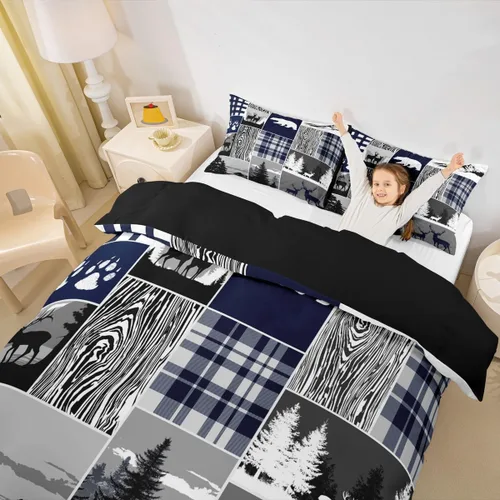 Miniatura 16 de Erosebridal Funda de edredón rústica de ciervo, tamaño individual, funda de edredón de retazos de oso para niños, adolescentes y adultos, juego