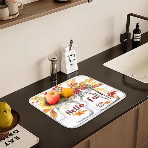 Miniatura 6 de Tapete de secado de platos de hojas de otoño y girasol, almohadilla absorbente de secado rápido, protector para encimera de cocina, 16 x 18 pulgadas