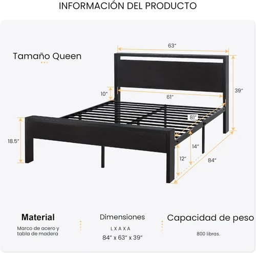 Miniatura 2 de SHA CERLIN Base de cama de plataforma de metal tamaño Queen de 14 pulgadas con cabecero y estribo de madera, base de colchón, no necesita somier