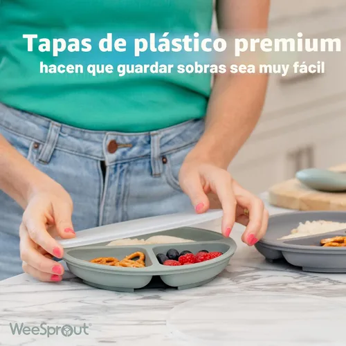 Miniatura 6 de WeeSprout - Platos de succión para bebés y niños pequeños con tapas, 100% silicona, diseño dividido para comedores selectivos, aptos para microondas