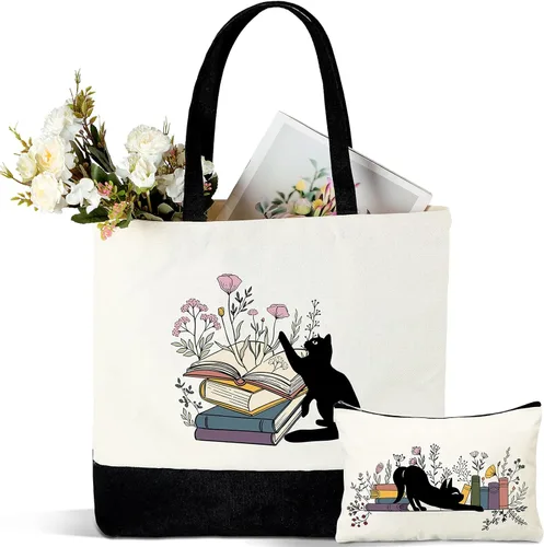 Miniatura 7 de Cunno Juego de 2 bolsas de lona con bolsa de maquillaje, bolsas estéticas para amantes de los libros para regalo de agradecimiento al profesor