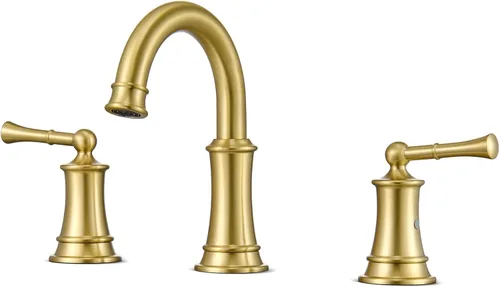 Miniatura 11 de Grifo de baño de oro cepillado de 8 pulgadas, construcción de latón sólido, grifo de baño dorado de 3 orificios con desagüe emergente y 2 mangueras