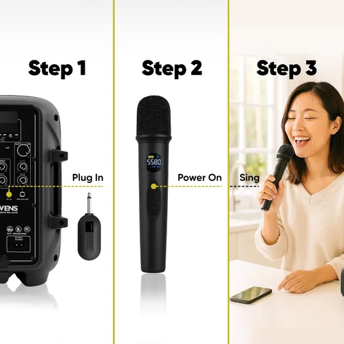 Miniatura 9 de Sistema de Micrófono Inalámbrico Bowens – Micrófono Inalámbrico para Karaoke con Receptor, Control de Eco, Pantalla LCD, Carga USB-C, Adaptador