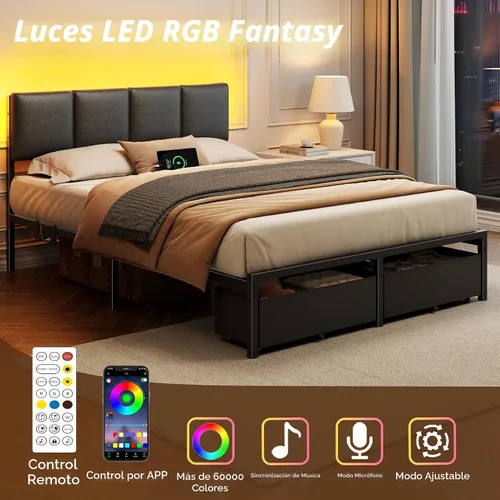 Miniatura 3 de Furnulem Base de cama de tamaño matrimonial con estación de carga y luces LED, cabecera tapizada de piel sintética, cama de plataforma de metal