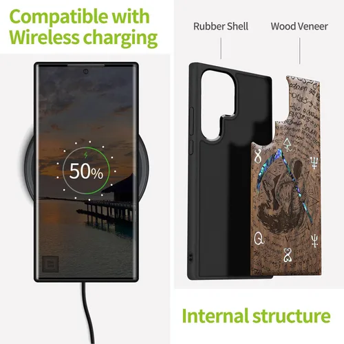 Miniatura 4 de Carveit Funda de madera de diseñador para Samsung Galaxy S22 Ultra (grabado en madera e incrustaciones de carcasa) compatible con cargadores Grim