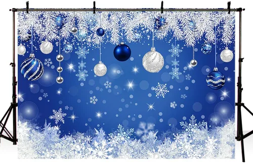 Miniatura 4 de AIBIIN Telón de fondo de Navidad de invierno de 7 x 5 pies para fotografía, campana azul plateada con purpurina, copo de nieve, aguja de pino