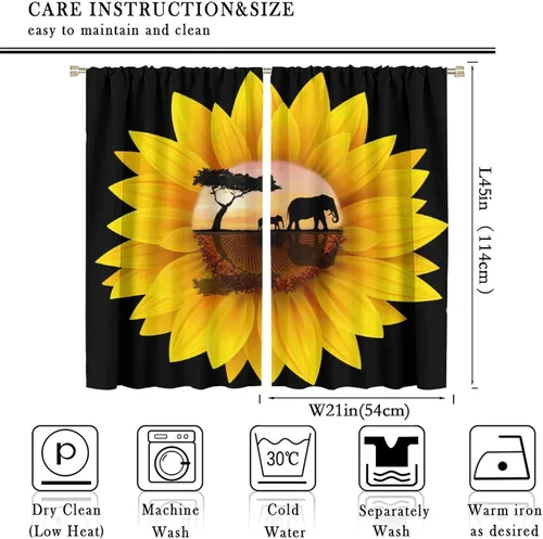 Miniatura 2 de Cortinas opacas de girasoles amarillos, vida silvestre, puesta de sol, tropical, sabana, safari, elefantes, estampado artístico, para decoración