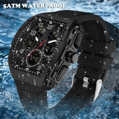 Miniatura 3 de Relojes para hombre, únicos rectángulos, reloj de pulsera blanco con pantalla digital analógica de doble hora, cronómetro de cuenta regresiva, Negro