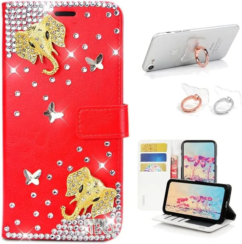 Miniatura 12 de Bling - Funda tipo cartera compatible con iPod Touch 5 y iPod Touch 6, elegante funda de piel con diseño de estrella y mariposa 3D hecha a mano