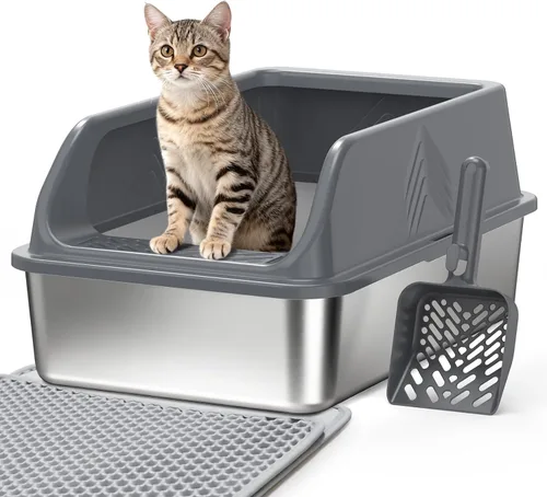 Miniatura 12 de Caja de arena de acero inoxidable con tapa, cajas de arena de metal para gatos de alta cara cerrada para gatos pequeños y gatos lesionados, conejo