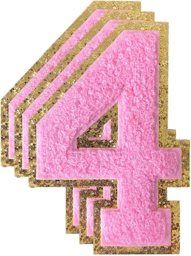 Miniatura 123 de 3 parches de números de chenilla negra, tamaño grande de 4-1/2" parches de números para planchar, parches universitarios para ropa, 8" Borde oro rosa