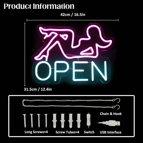 Miniatura 4 de Señal de Neón Abierta para Bar, Letrero LED Rosa de Dama de Neón para Decoración de Pared, Letrero de Luz de Neón de Letras Azules para Iluminar