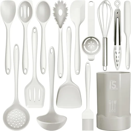 Miniatura 10 de AOTHOD Juego de utensilios de cocina de silicona, resistentes al calor, pinzas giratorias, espátula, cuchara, cepillo, batidor, juego de Negro