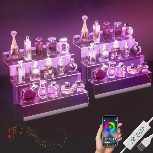 Miniatura 10 de Organizador de Exhibición de Acrílico de 12" con Luz LED - Soporte de Perfume de 3 Niveles y Estantes Escalonados de Exhibición, Organizador