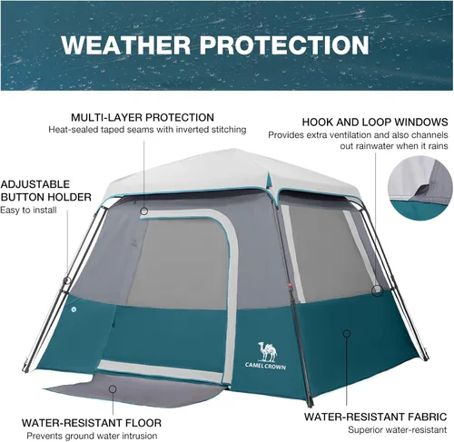 Miniatura 9 de CAMEL CROWN 4/6 Person Instant Cabin Tent, Pop Up Windproof Tents for Camping, 60-Second Setup Family Tent with Carry Bag for Outdoor Hiking Azul