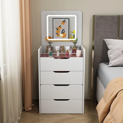 Miniatura 5 de Pequeño escritorio de maquillaje 3 en 1 con espejo abatible y luces, juego de mesa de tocador compacto con parte superior de vidrio y 3 cajones