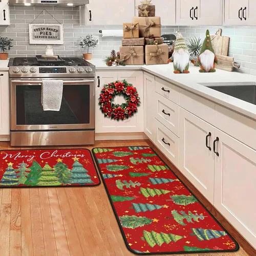 Miniatura 12 de Alfombras de cocina de cuadros de búfalo con gnomos de árbol negros, juego de 2, Merry Christmas, decoración de piso de perfil bajo para fiestas