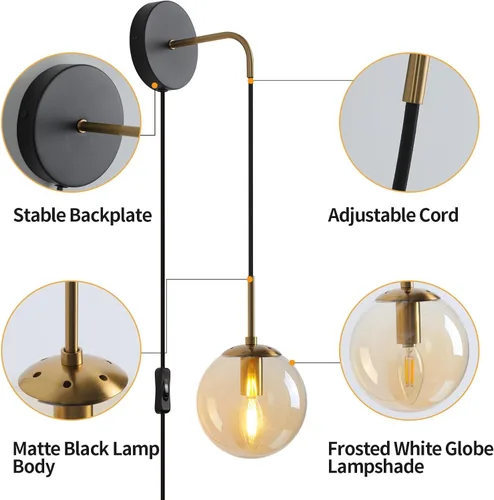 Miniatura 7 de Juego de 2 apliques de pared negros y latón dorados. Juego de 2 apliques de pared enchufables con pantalla de vidrio ámbar globo, lámparas de pared