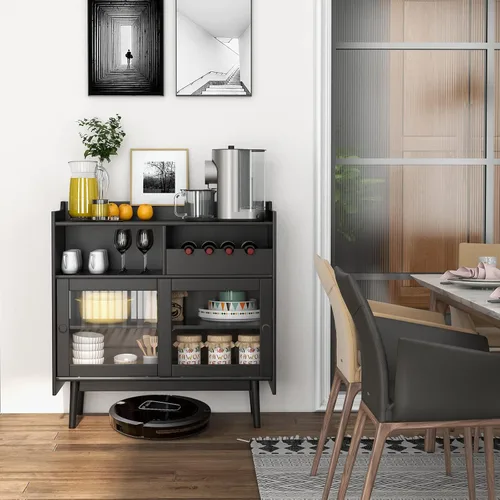 Miniatura 9 de Giantex Aparador de buffet, moderno armario de almacenamiento de barra de café con 2 puertas correderas de vidrio templado, estante para vino para 4