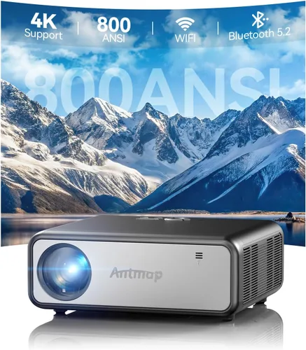 Proyector de decodificación 800 ANSI 4K con WiFi y Bluetooth, proyector de películas antmap para exteriores con altavoz inmersivo de 5 W, pantalla