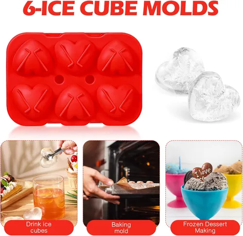Miniatura 6 de Domensi 2 moldes grandes de hielo en forma de corazón 3D reutilizables de silicona con 6 formas de corazón para bricolaje, chocolate, dulces, Rojo