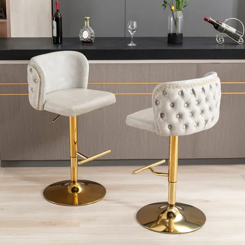 Miniatura 14 de Juego de 2 taburetes de bar de cuero, taburetes de bar giratorios de altura ajustable con botón trasero copetudo y patas de metal cromado dorado
