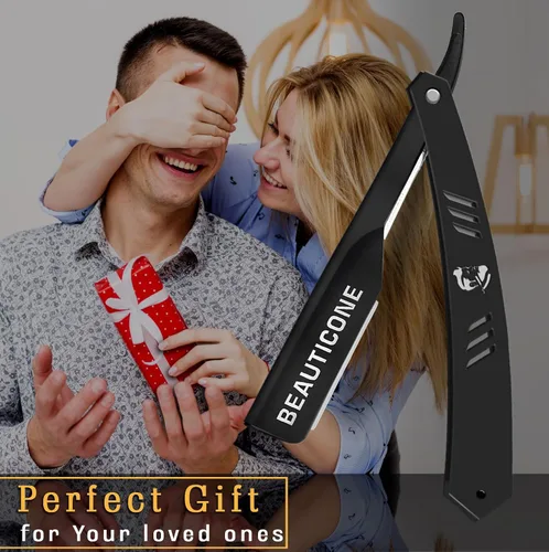Miniatura 7 de BEAUTICONE Maquinillas de afeitar rectas para hombres, maquinilla de afeitar de borde recto, cuchillas de repuesto de un solo filo, acero Todo negro