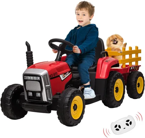 Miniatura 8 de Tractor de 12 V con remolque y control remoto, vehículo eléctrico para niños pequeños con faros LED, cambio de marchas 2+1, reproductor de MP3, USB