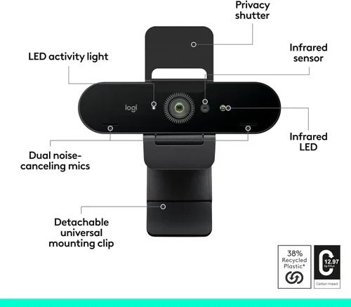 Miniatura 8 de Logitech Brio - Cámara web 4K, para videollamadas, micrófono con cancelación de ruido, corrección de luz HD automática, amplio campo de visión