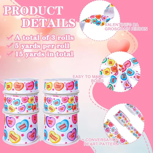 Miniatura 3 de JarThenaAMCS 3 rollos de cinta de grogrén para conversación del día de San Valentín, dulce corazón, sé mío, abrazo, beso, cinta blanca y rosa
