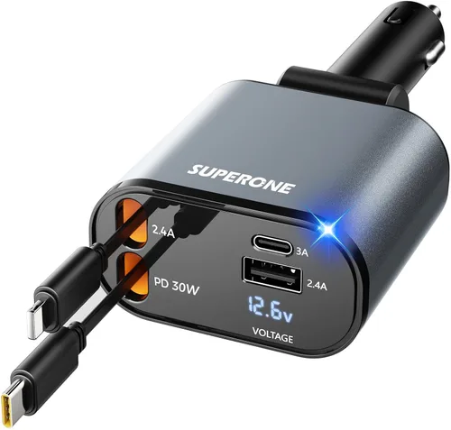 Miniatura 10 de SUPERONE - Cargador retráctil para automóvil 4 en 1, cargador de teléfono rápido para automóvil con cable de 2.6 pies, USB C y adaptador