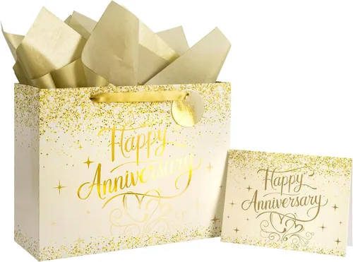 LeZakaa 13" Wedding Anniversary Bag with Tissue Paper, Tag & Greeting Card, Happy Anniversary Gold Glitter Gift Bag for Couple, Parents, Wife,