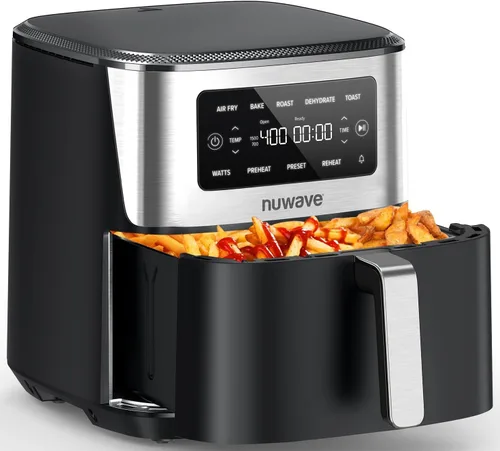 Nuwave Brio Plus - Freidora de aire 6 en 1, gran capacidad de 7 cuartos de galón, control preciso de temperatura de 50 °F a 400 °F, antiadherente no