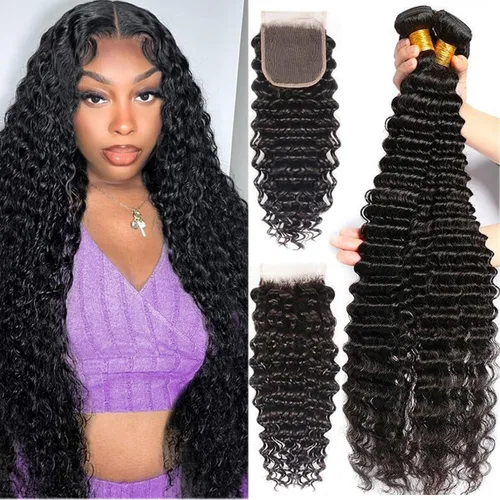 Miniatura 13 de 1 manojos de cabello humano ondulado profundo de 12 pulgadas, 100% virgen sin procesar, 10A, cabello humano brasileño húmedo y ondulado, doble