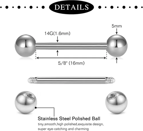 Miniatura 2 de Anicina Piercing para pezón de 14 G para mujer 0551in 0630in para lengua recta piercing para pezón