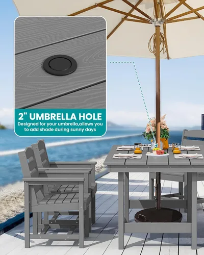 Miniatura 2 de SERWALL Juego de Mesa de Comedor de HDPE para Exteriores, Juego de 7 Piezas de Mesa de Comedor al Aire Libre con Mesa con Corte para Agujero de Gris